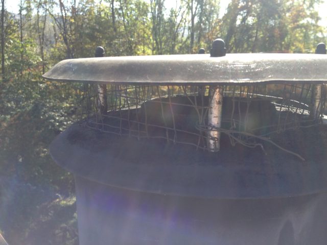 薪ストーブ煙突の防鳥網拡張と蜂の巣の残骸撤去